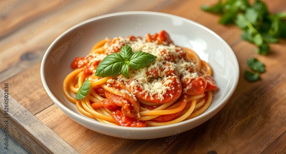 A nice plate of Italian pasta with sauce. Restaurant food, hotel food A nice plate of Italian pasta with sauce. Restaurant food, hotel food