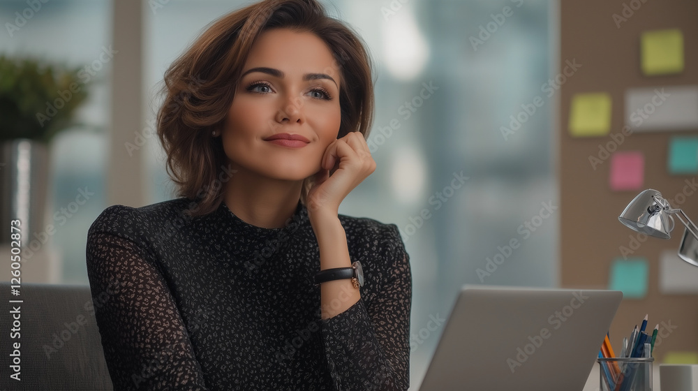 Fototapeta premium A woman is sitting at a desk with a laptop and a stack of sticky notes