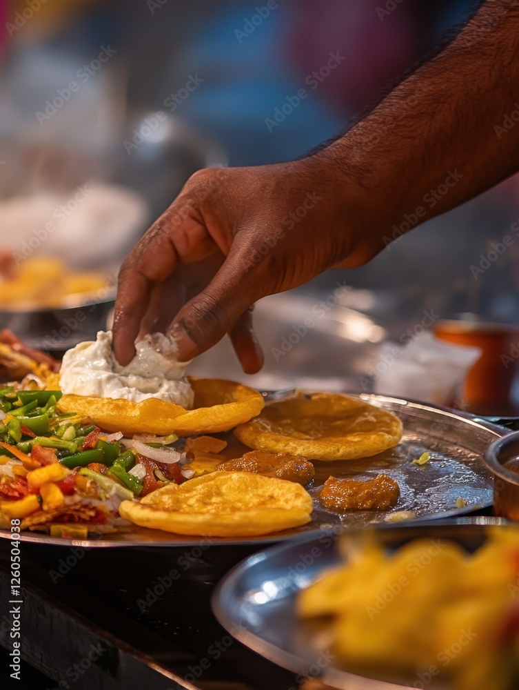 A street vendor preparing chaat, hands assembling crispy puris with yogurt and chutneys A street vendor preparing chaat, hands assembling crispy puris with yogurt and chutneys