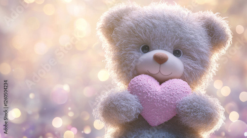 Cute bear  holds pink heart in soft, dreamy background