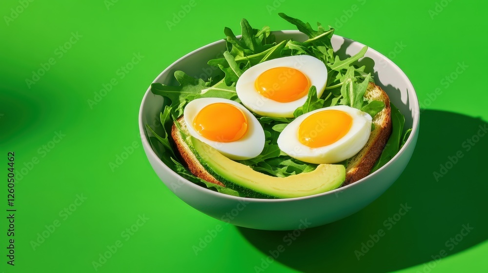 A vibrant bowl of fresh greens featuring sliced avocado, perfectly boiled eggs, and crisp arugula on a bright green background, ideal for healthy eating or meal prep concepts. A vibrant bowl of fresh greens featuring sliced avocado, perfectly boiled eggs, and crisp arugula on a bright green background, ideal for healthy eating or meal prep concepts.