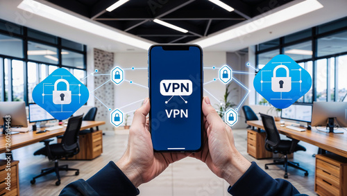 Safeguarding Digital Privacy: Secure VPN Connection via Smartphone in a Modern Workspace in the background, 