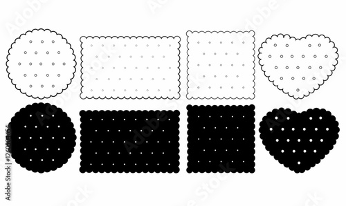 Scalloped cookie or biscuits vector icons in round, rectangular, and heart shapes with dotted textures. Perfect for bakery, food, and sweet-themed designs. High-resolution illustration