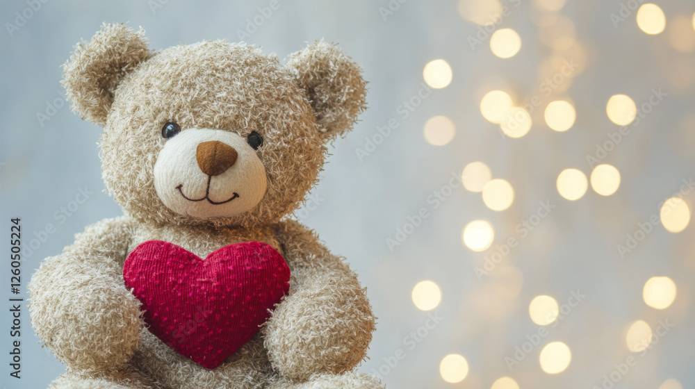 Cute bear holding a red heart with twinkling lights in background Cute bear holding a red heart with twinkling lights in background