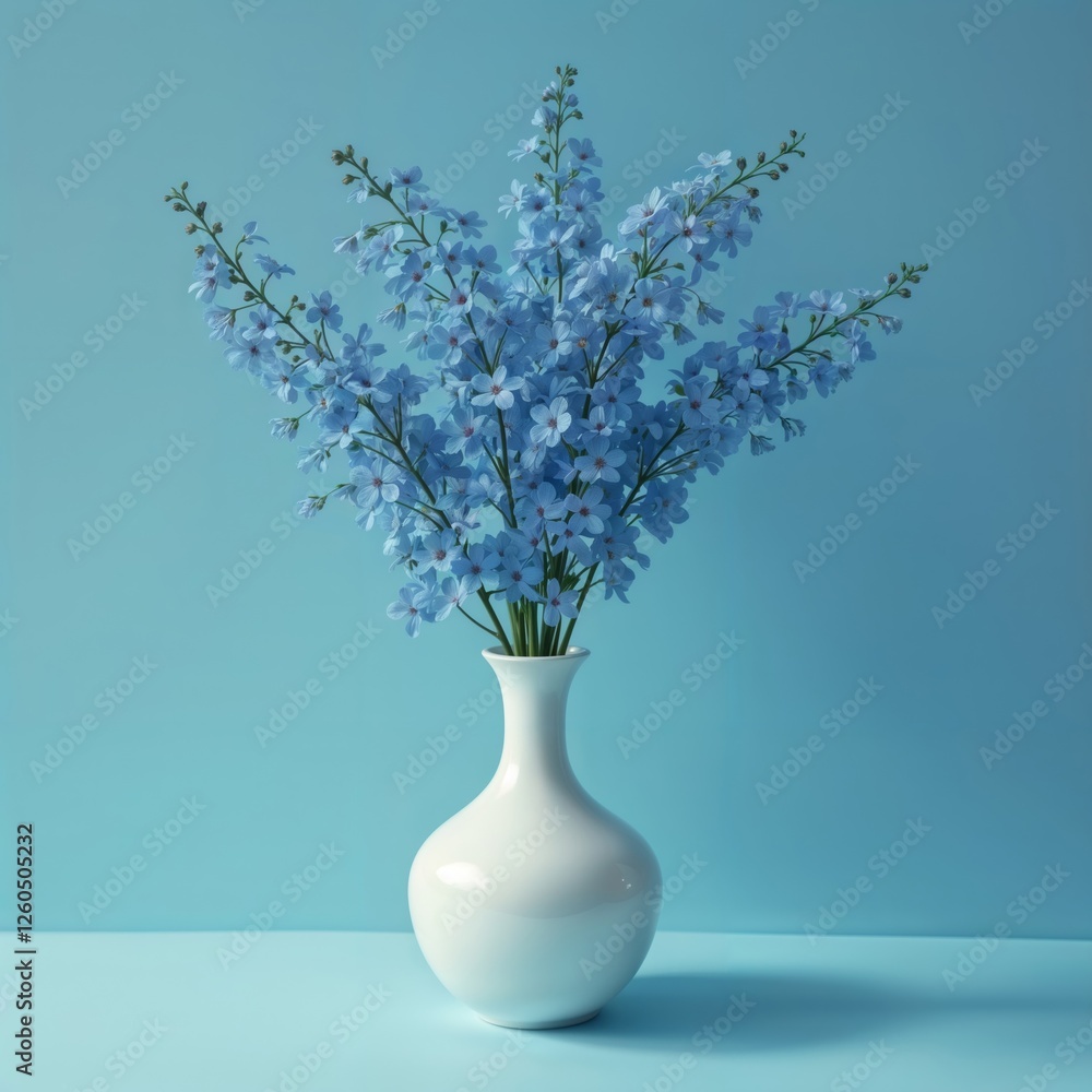 Blue Flowers Bouquet. Blue flowers in a white vase on a blue background.