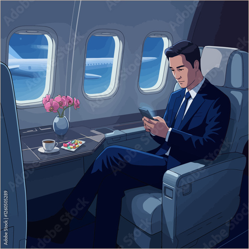 Man Using Phone on Airplane in First Class with Business Suit