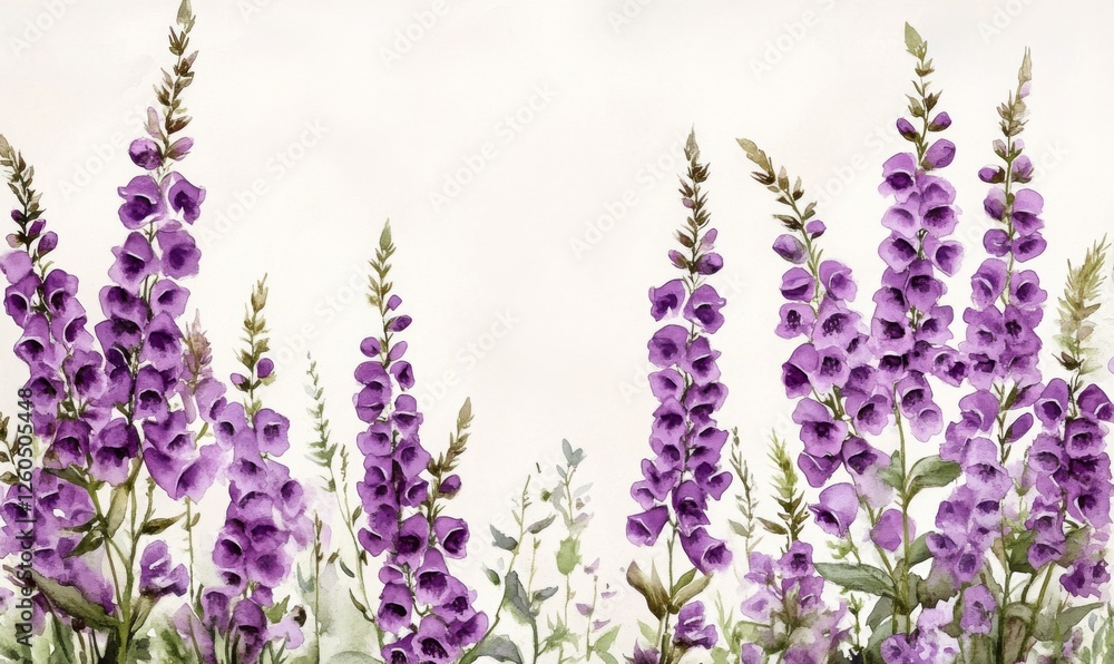 Naklejka premium Serene watercolor foxgloves in purple hues delicate and elegant floral arrangement