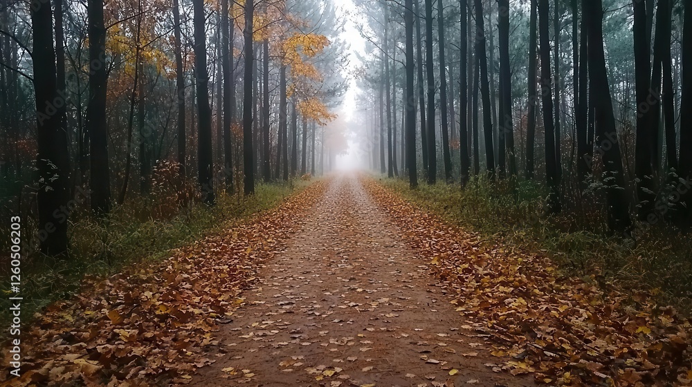 Obraz premium Misty forest path with scattered fallen leaves, creating a somber and quiet atmosphere