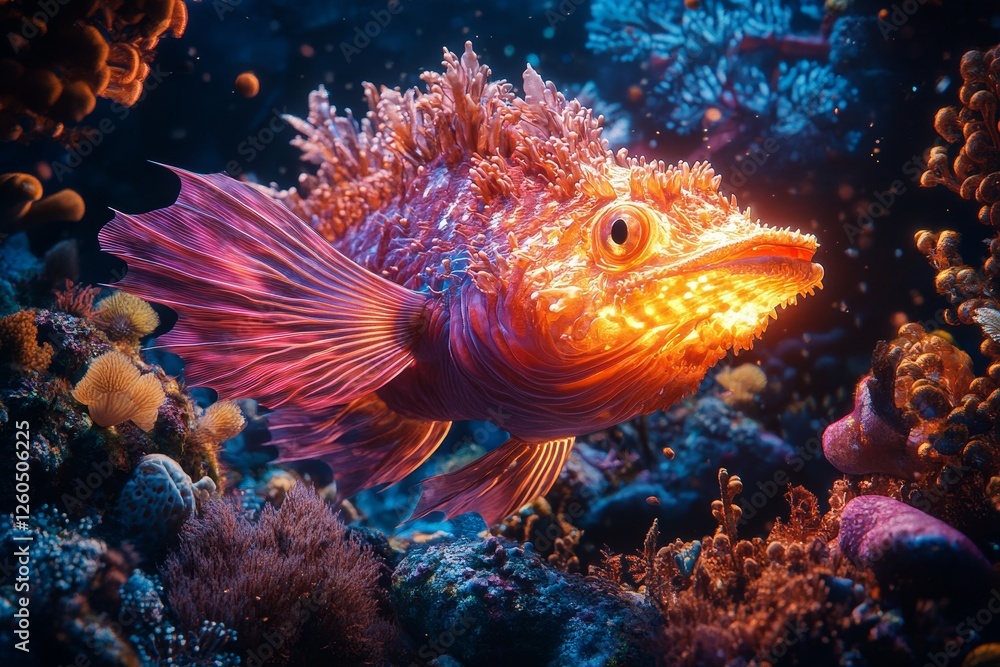 Glowing fish in coral reef, ocean background, marine life, underwater scene, nature Glowing fish in coral reef, ocean background, marine life, underwater scene, nature