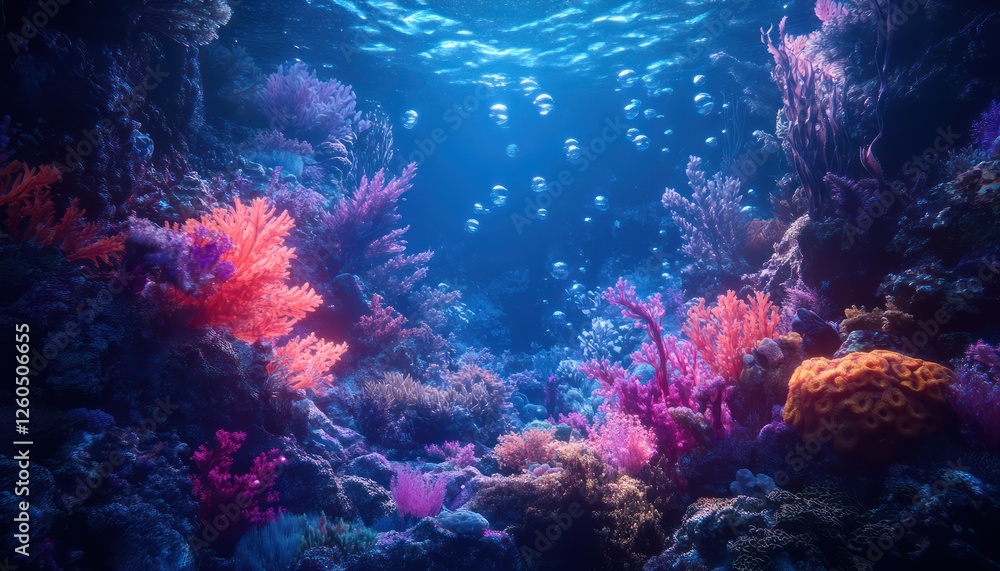 Fototapeta premium Underwater landscape displays vibrant corals with sunlight and bubbles