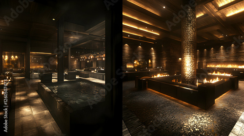 Wallpaper Mural Luxurious modern lounge with fire pits and a water feature, perfect for a sophisticated and relaxing atmosphere. Torontodigital.ca