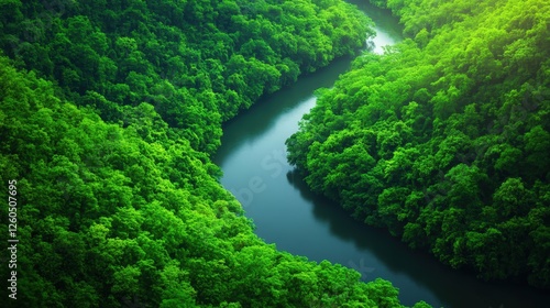 Aerial view of a serene river winding through lush green forests, showcasing the beauty of untouched nature and the importance of environmental conservation.