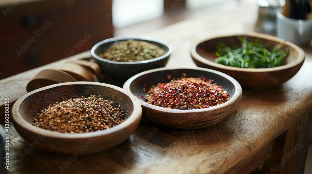 Brightly colored spices and seasonings fill handcrafted wooden bowls on a rustic table, showcasing nature's vibrant palette in a cozy kitchen setting, inviting culinary creativity Brightly colored spices and seasonings fill handcrafted wooden bowls on a rustic table, showcasing nature's vibrant palette in a cozy kitchen setting, inviting culinary creativity