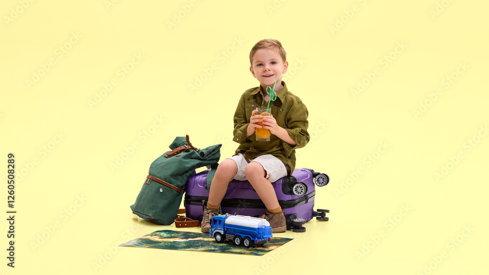 Boy sitting on suitcase, holding glass with drink and straw, smiling, green backpack, map, and toy truck beside him, against yellow background. Concept of childhood, vacation, travelling, tourism Boy sitting on suitcase, holding glass with drink and straw, smiling, green backpack, map, and toy truck beside him, against yellow background. Concept of childhood, vacation, travelling, tourism