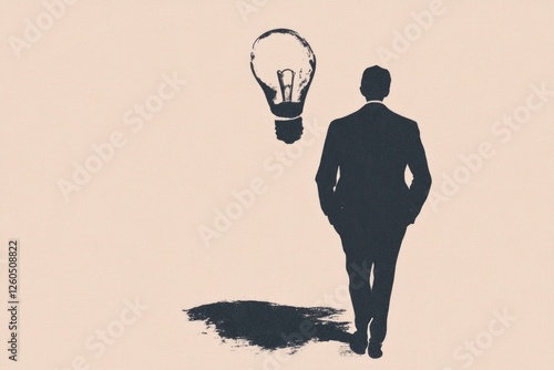 This image portrays a silhouette of a man walking away from a bright light bulb, symbolizing inspiration, ideas, innovation, and the quest for knowledge. photo