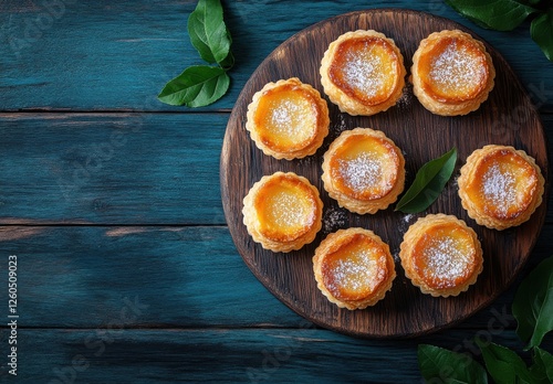 Freshly Baked Custard Tarts on Wooden Platter Surrounded by Green Leaves Amidst Rustic Blue Background for Culinary Photography photo