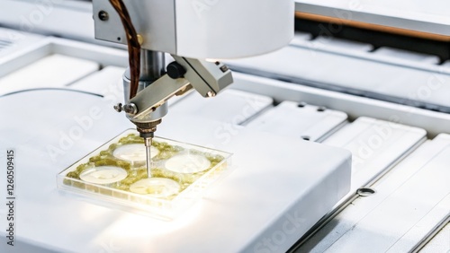 Closeup of a robotic arm precisely manipulating a Petri dish filled with genetically engineered cells with intricate machinery in the background highlighting automation in the lab. photo