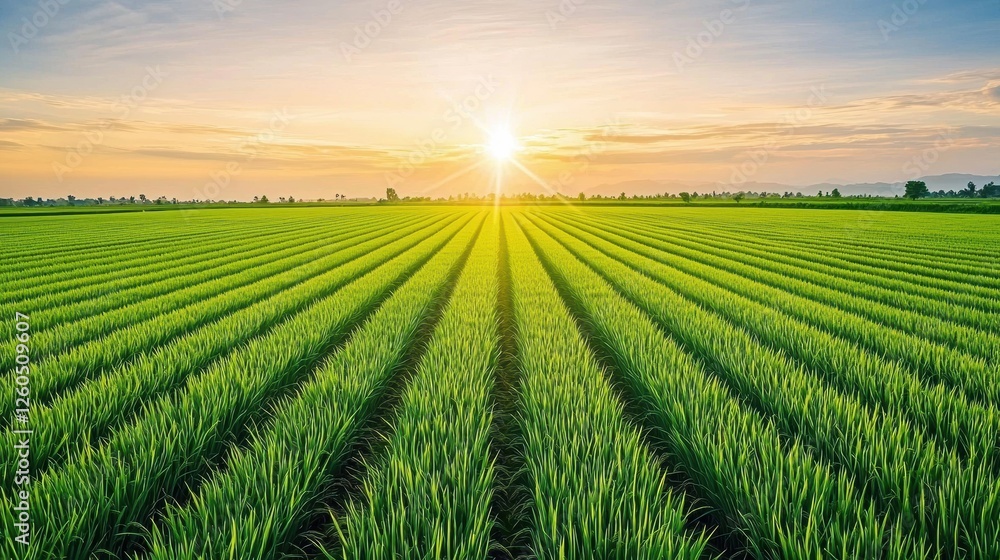 Vibrant green rice fields stretch into the distance under a warm setting sun, creating a serene and idyllic countryside landscape Vibrant green rice fields stretch into the distance under a warm setting sun, creating a serene and idyllic countryside landscape