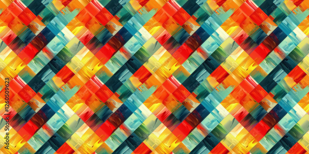 Vibrant abstract geometric pattern with colorful brushstrokes on textured squares Vibrant abstract geometric pattern with colorful brushstrokes on textured squares