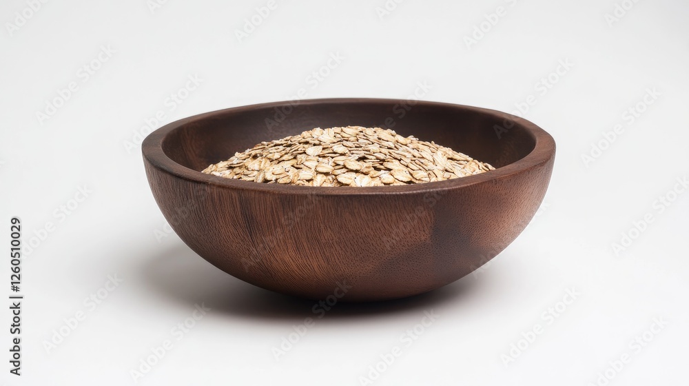 A rustic wooden bowl filled with oats, set against a clean white background for a natural food aesthetic. A rustic wooden bowl filled with oats, set against a clean white background for a natural food aesthetic.