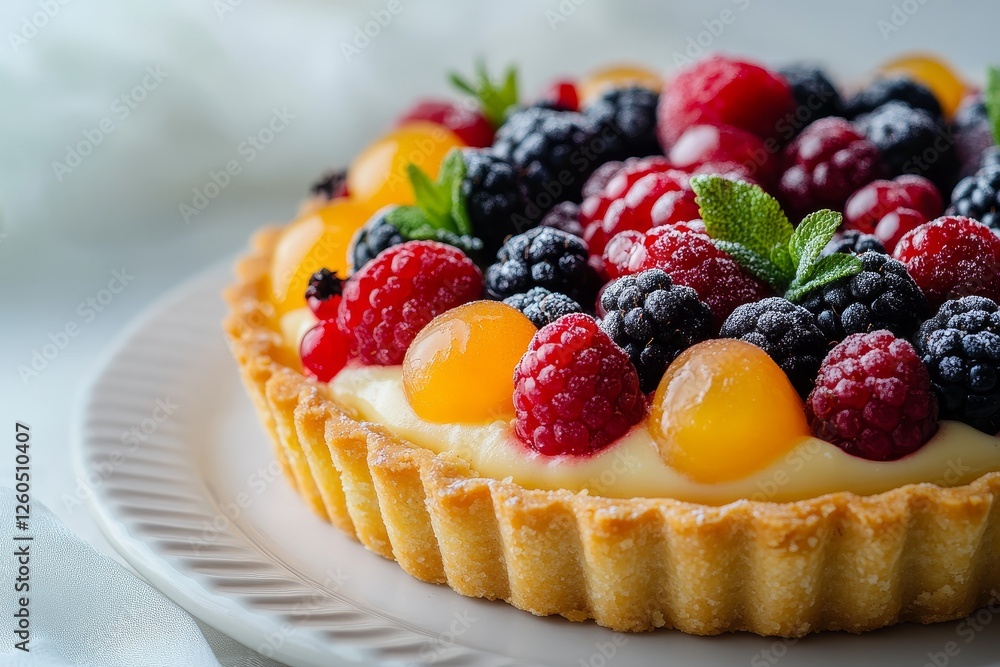 Delicious berry custard tart, close-up view Delicious berry custard tart, close-up view