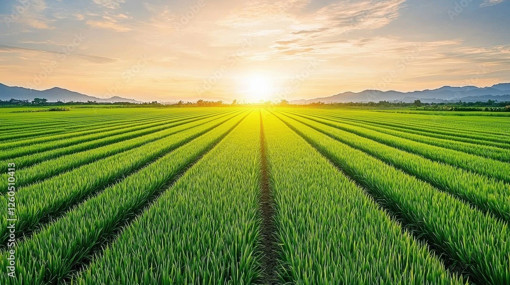 Sunlight shining through clouds onto a wide-angle view of green rice fields, with rows and lines clearly visible Sunlight shining through clouds onto a wide-angle view of green rice fields, with rows and lines clearly visible