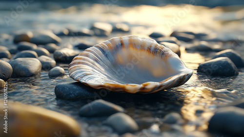 Seashells rest amongst rocks as the tide gently ebbs and flows on a serene beach, capturing a peaceful, natural moment. photo