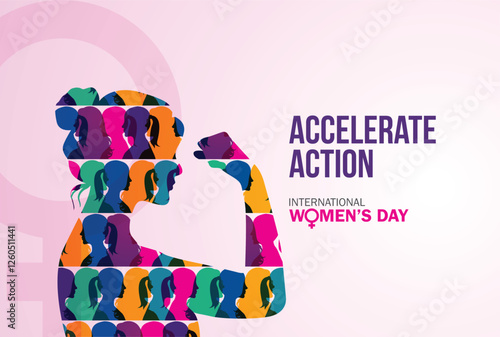Accelerate action - International women's day concept poster. Woman sign illustration background. 2025 women's day campaign theme - #AccelerateAction