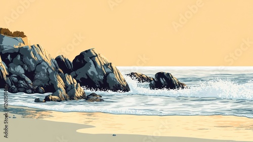 Stylized Ocean Scene with Rocky Shoreline and Soft Light Aesthetic
