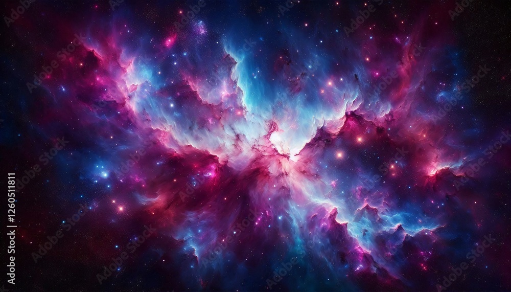 Obraz premium Cosmic Tapestry: A captivating nebula bursts with vibrant hues of magenta and blue, adorned with a smattering of twinkling stars. The celestial canvas swirls and dances.