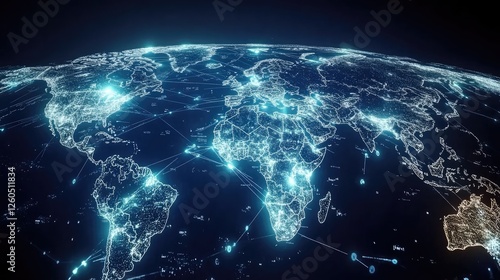 A sleek digital network with bright blue global connections stretching across a world map. -