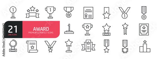 Set of line icons related to medal, trophy, certificate, award ribbon. Outline icons collection. Editable stroke. Vector illustration.