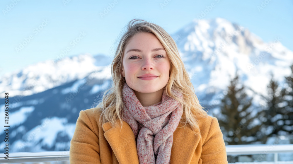 Fototapeta premium Blond woman wearing a coat sitting on a bench enjoying the view of the Canadian Rockies