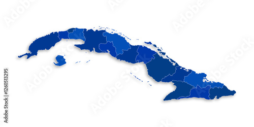 Cuba map with border highlighted regions, states, isolated on white background. Template map of Cuba. Detailed vector illustration.