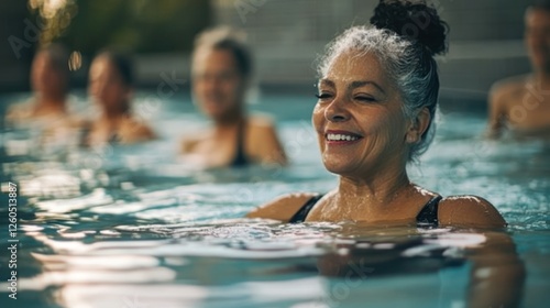 Serene senior woman enjoying a relaxing swim with friends in a pool