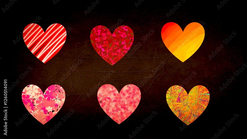 Fototapeta premium Set of six colorful hearts with various patterns and textures arranged on a black background, combining vivid romance with playful contrast and visual variety