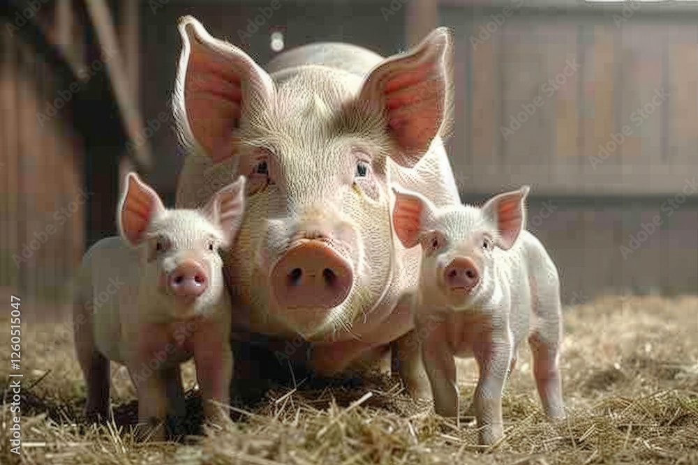 Three pigs are standing in a pen with a mother pig Three pigs are standing in a pen with a mother pig