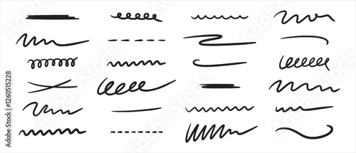 Set of hand drawn underlines. Abstract doodle lines, marker drawing stripes for design. Elements collection isolated on white background.