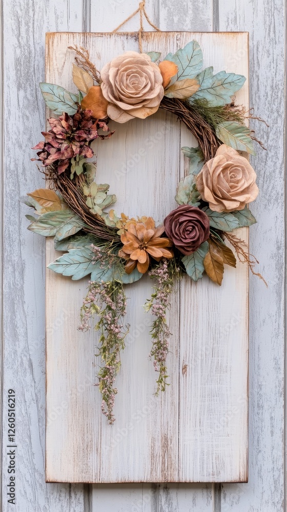 Fototapeta premium Rustic Floral Wreath on White Wooden Wall Decor