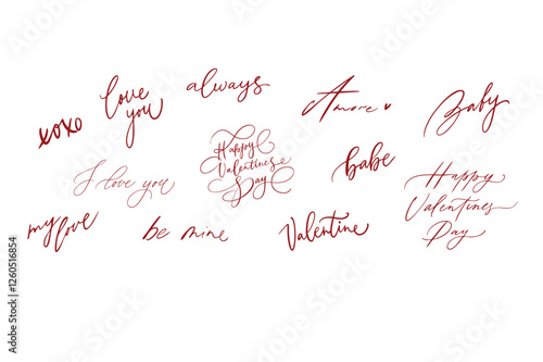 Valentine's Day phrases vector, collection. Calligraphy, lettering. Quote for cards, posters, stickers. Set hand lettered romantic elements. Typography isolated text