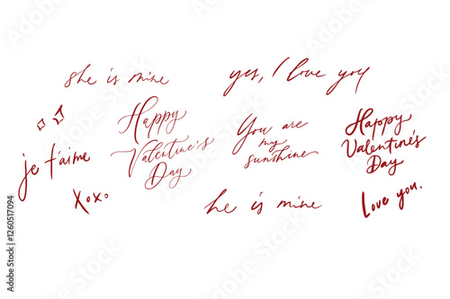Valentine's Day phrases vector, collection. Calligraphy, lettering. Quote for cards, posters, stickers. Set hand lettered romantic elements. Typography isolated text
