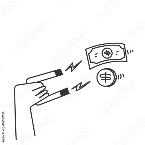 hand holding magnet attracting money  doodle cartoon