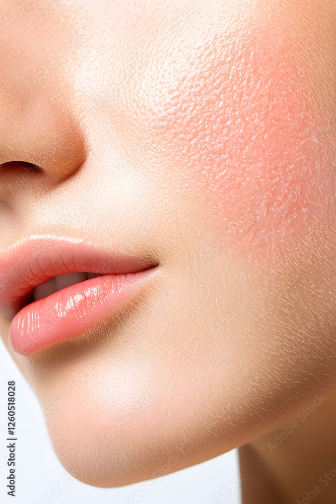 Obraz premium Closeup of female cheek with visible signs of rosacea. Red flushing cheeks