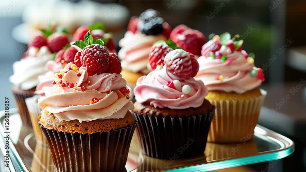 Colorful cupcakes topped with raspberries and frosting Colorful cupcakes topped with raspberries and frosting