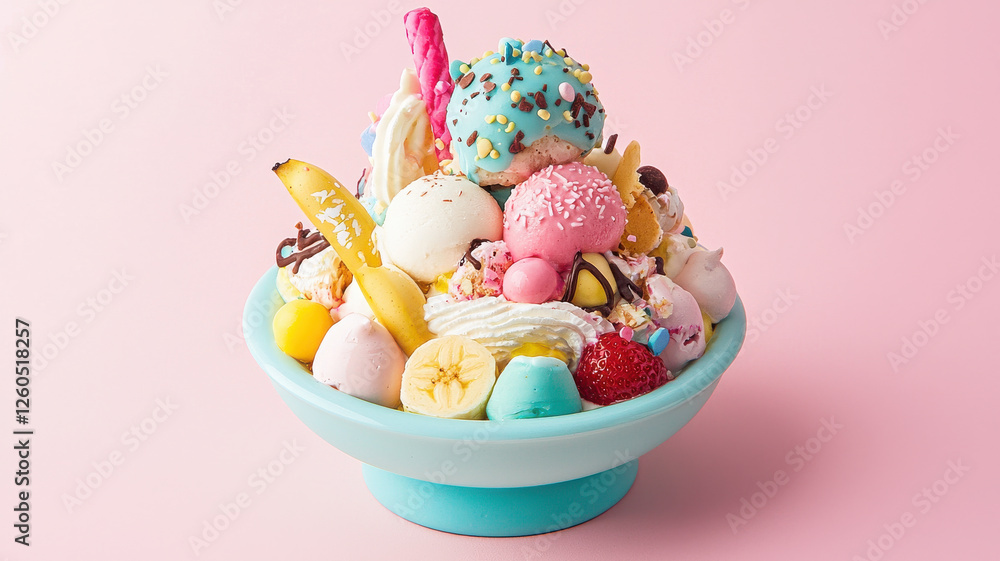 Fototapeta premium colorful and artistic ice cream sundae topped with various sweets and fruits, creating delightful dessert experience