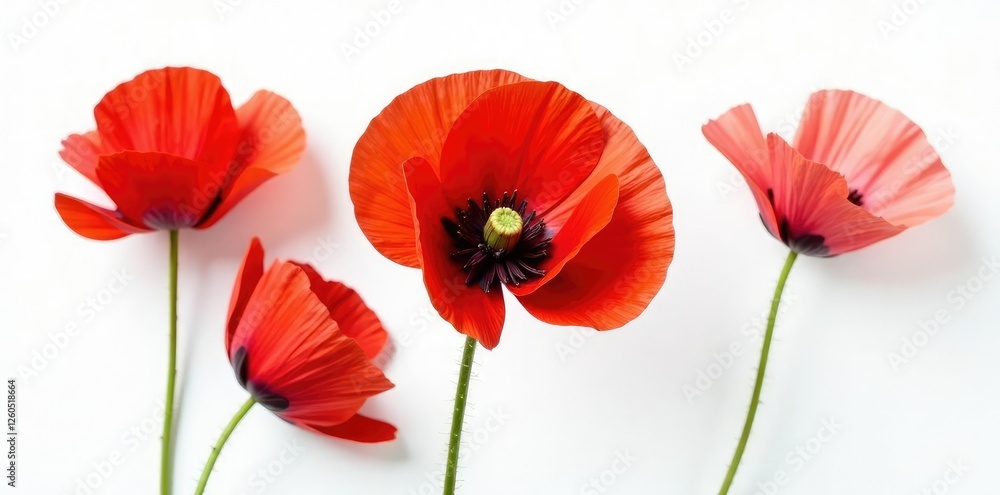 Naklejka premium Delicate red poppy petals unfolding on a crisp white background, petals, poppies, isolated