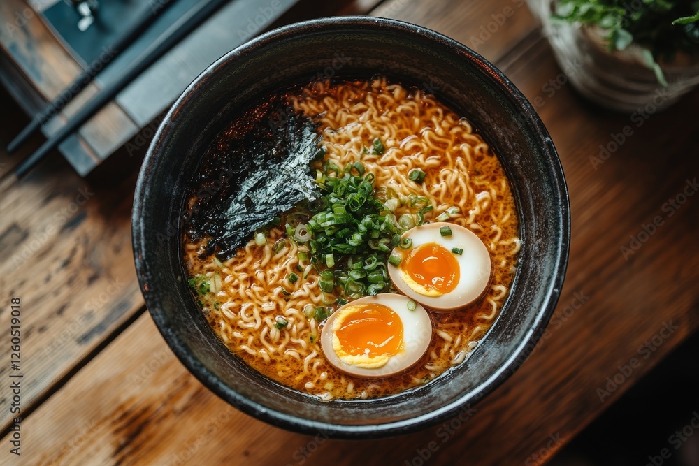 Ramen noodles, soft boiled eggs, spring onions, seaweed, wooden table Ramen noodles, soft boiled eggs, spring onions, seaweed, wooden table