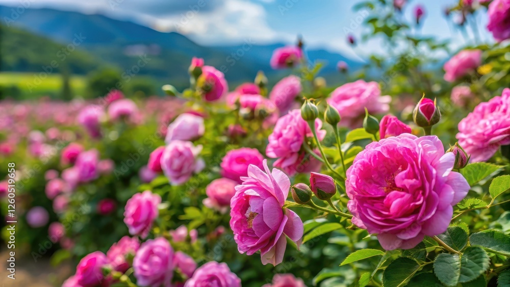 Close-up view of Rosa damascena shrub plant in Bulgaria's Valley of Roses, flower field, bulbous perennial Close-up view of Rosa damascena shrub plant in Bulgaria's Valley of Roses, flower field, bulbous perennial