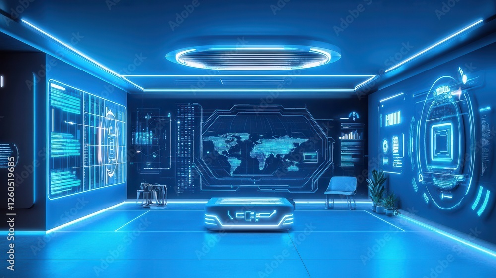 Obraz premium Futuristic Room Displays Global Data And Technology