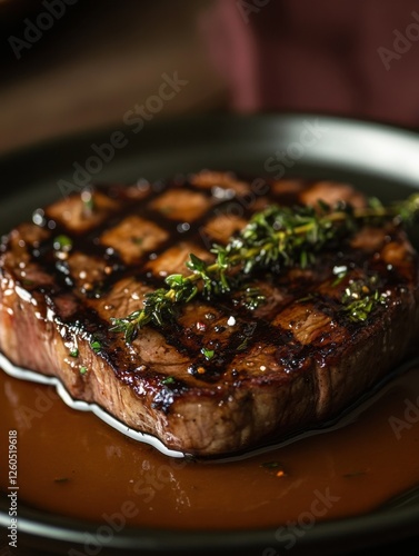 Succulent grilled steak garnished with fresh herbs in a rich sauce on a plate, perfect for meat lovers and gourmet dining experiences. photo